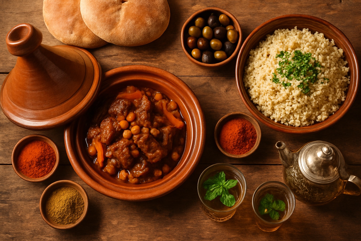 Rustikale marokkanische Tafel mit Tajine, Couscous, Brot, Oliven und Minztee