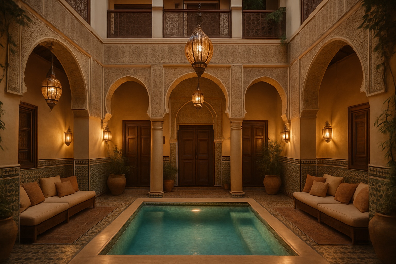 Traditioneller marokkanischer Riad-Innenhof mit Pool und Laternen