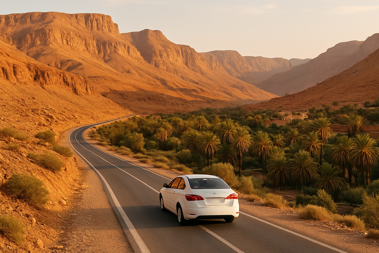 Auto auf einer einsamen Panoramastraße durch die marokkanische Landschaft