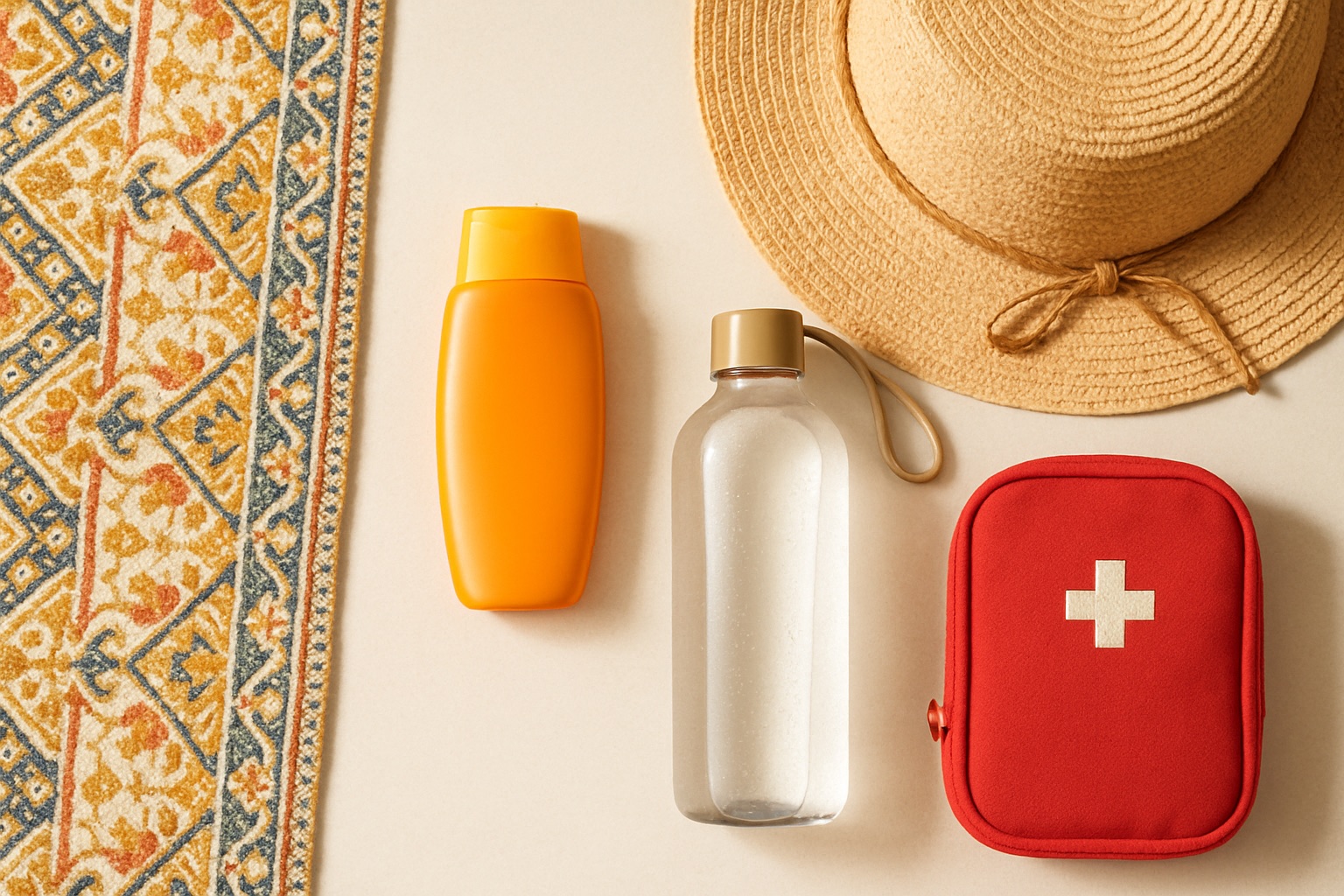 Reise-Gesundheits-Set mit Sonnencreme, Hut, Wasserflasche und Erste-Hilfe-Täschchen