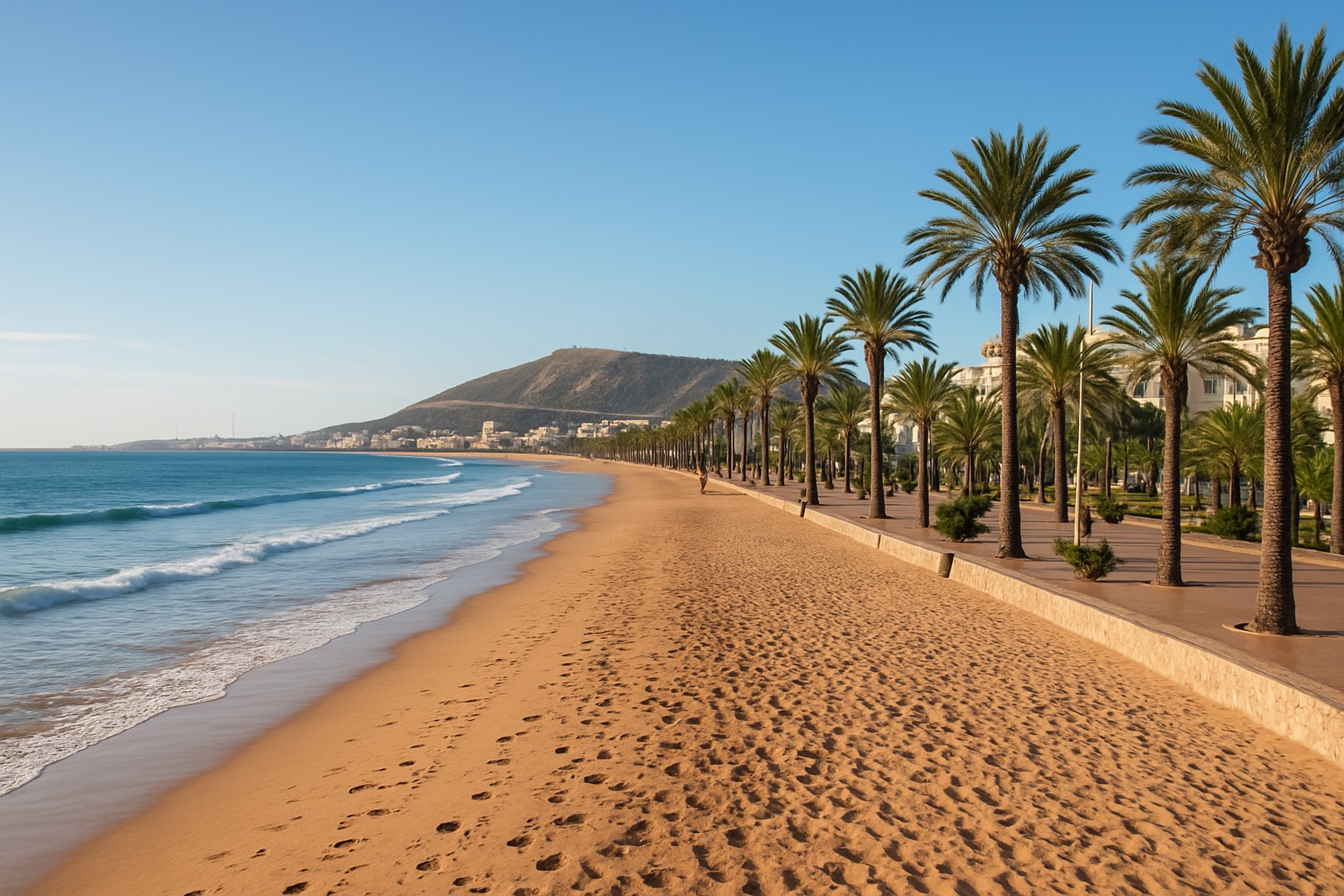 Der lange Sandstrand und die Promenade von Agadir am Atlantik