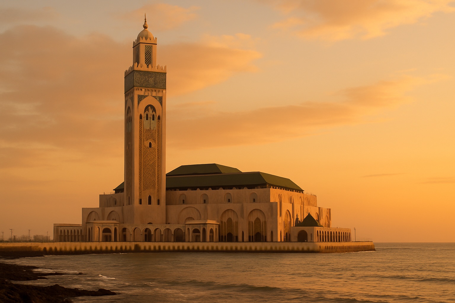 Die Hassan-II-Moschee von Casablanca am Atlantik im Abendlicht