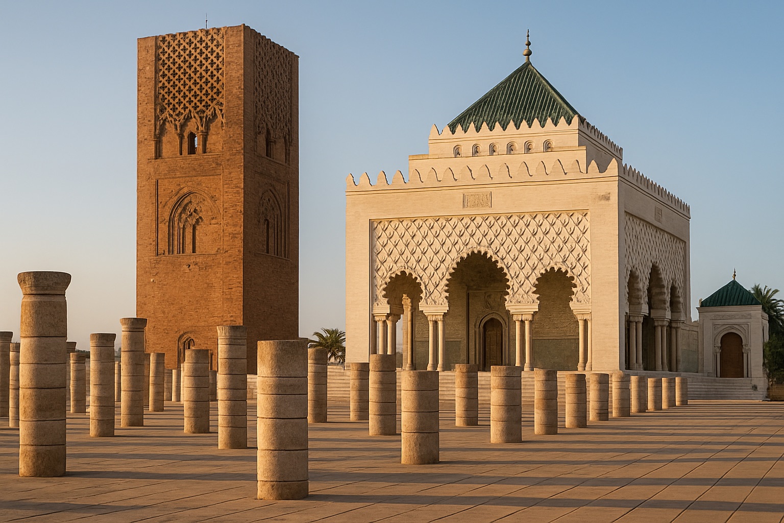 Der Hassan-Turm und das Mausoleum Mohammed V. in Rabat
