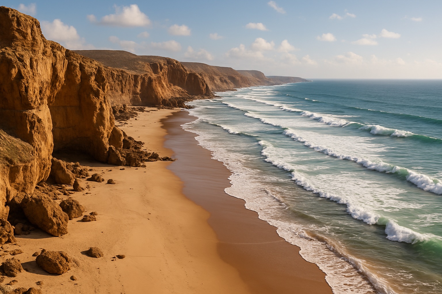 Die felsige Atlantikküste Marokkos mit Sandstrand und Wellen