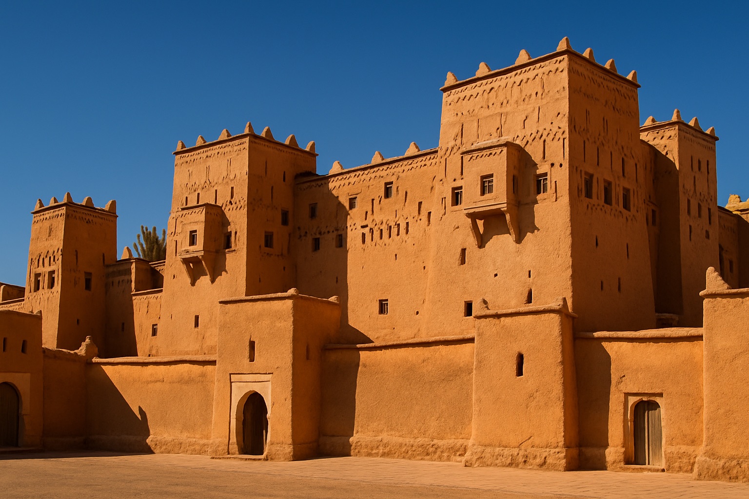 Die Lehm-Kasbah Taourirt in Ouarzazate vor blauem Himmel