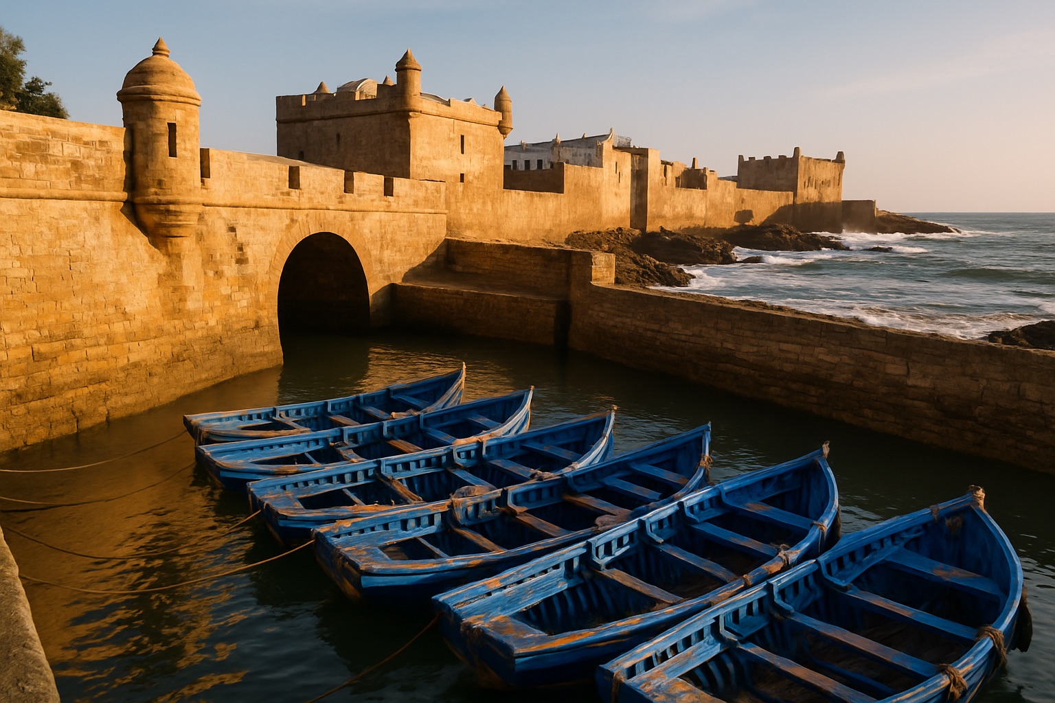 Die Festungsmauern und der Hafen von Essaouira mit blauen Fischerbooten