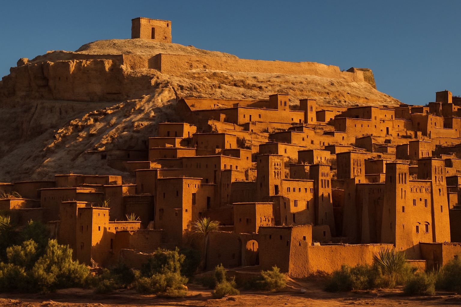 Die Lehm-Kasbah Aït-Ben-Haddou im goldenen Abendlicht