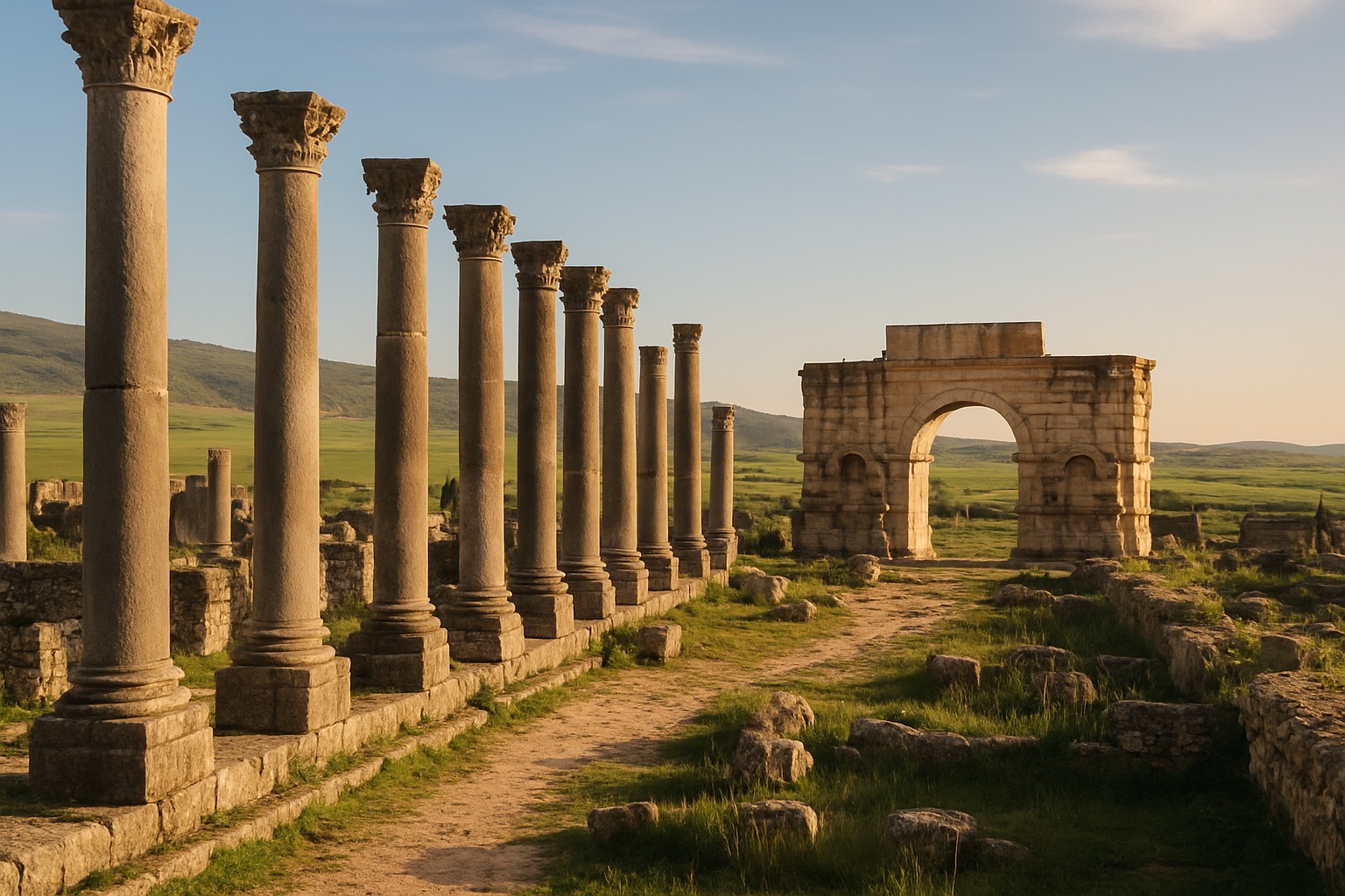 Die römischen Ruinen von Volubilis mit Säulen und Triumphbogen