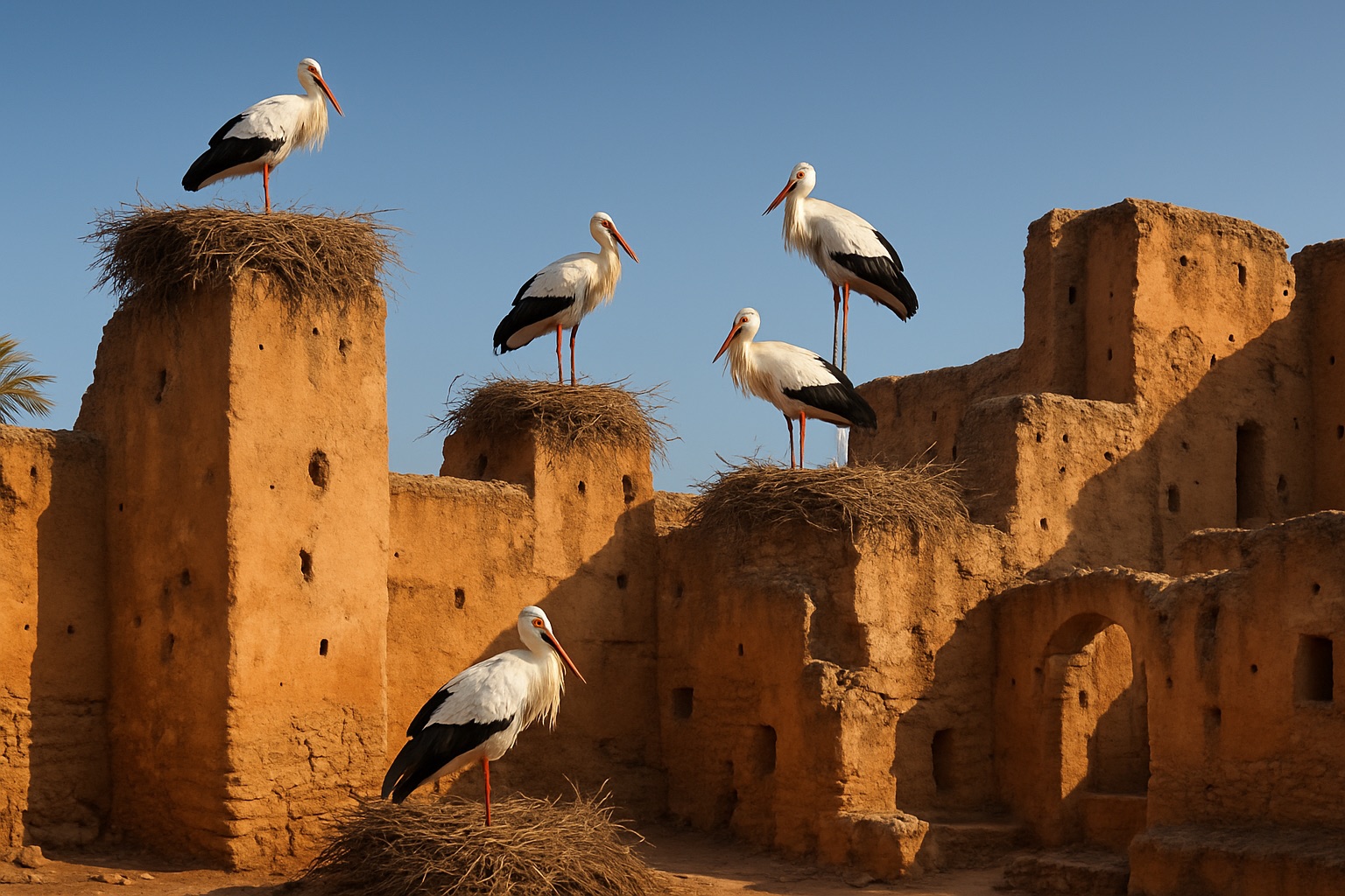 Weißstörche mit Nestern auf den alten ockerfarbenen Mauern im Kasbah-Viertel von Marrakesch