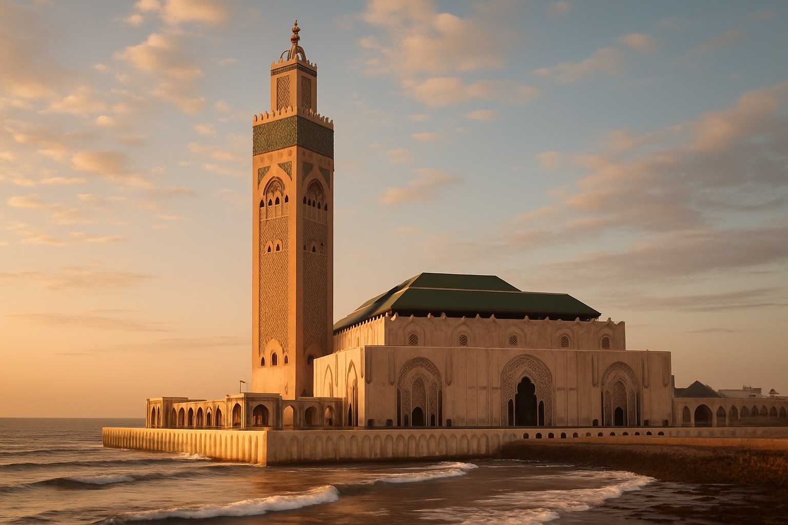 Die Hassan-II-Moschee in Casablanca mit hohem Minarett am Meer