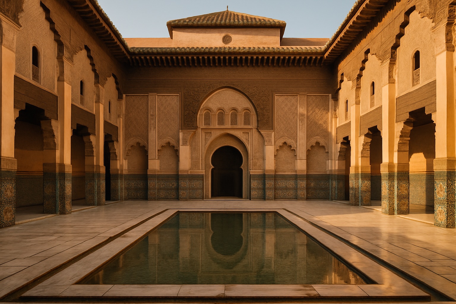 Der verzierte Innenhof der Medersa Ben Youssef in Marrakesch
