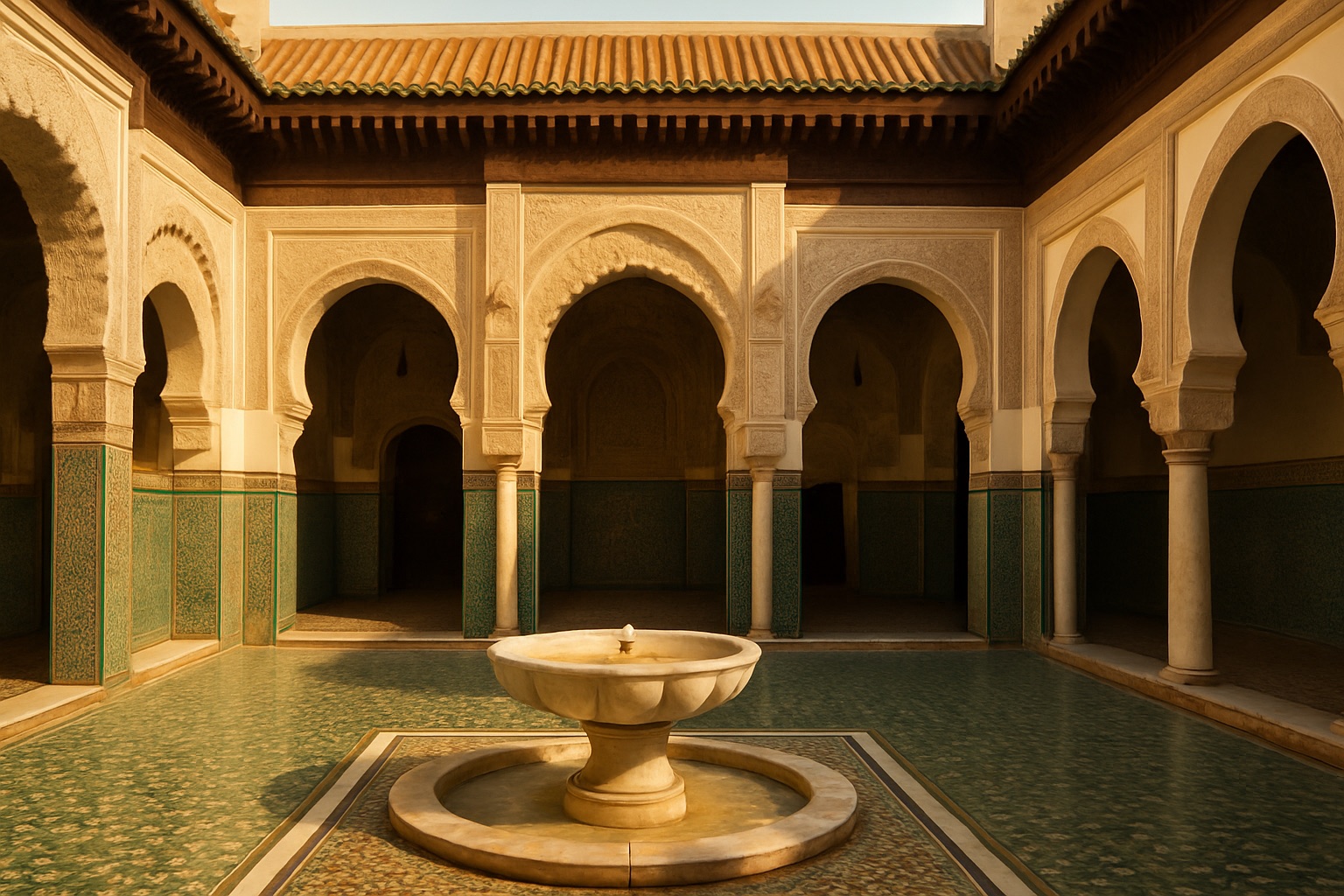 Der verzierte Innenhof der al-Qarawiyīn-Moschee und -Universität in Fès