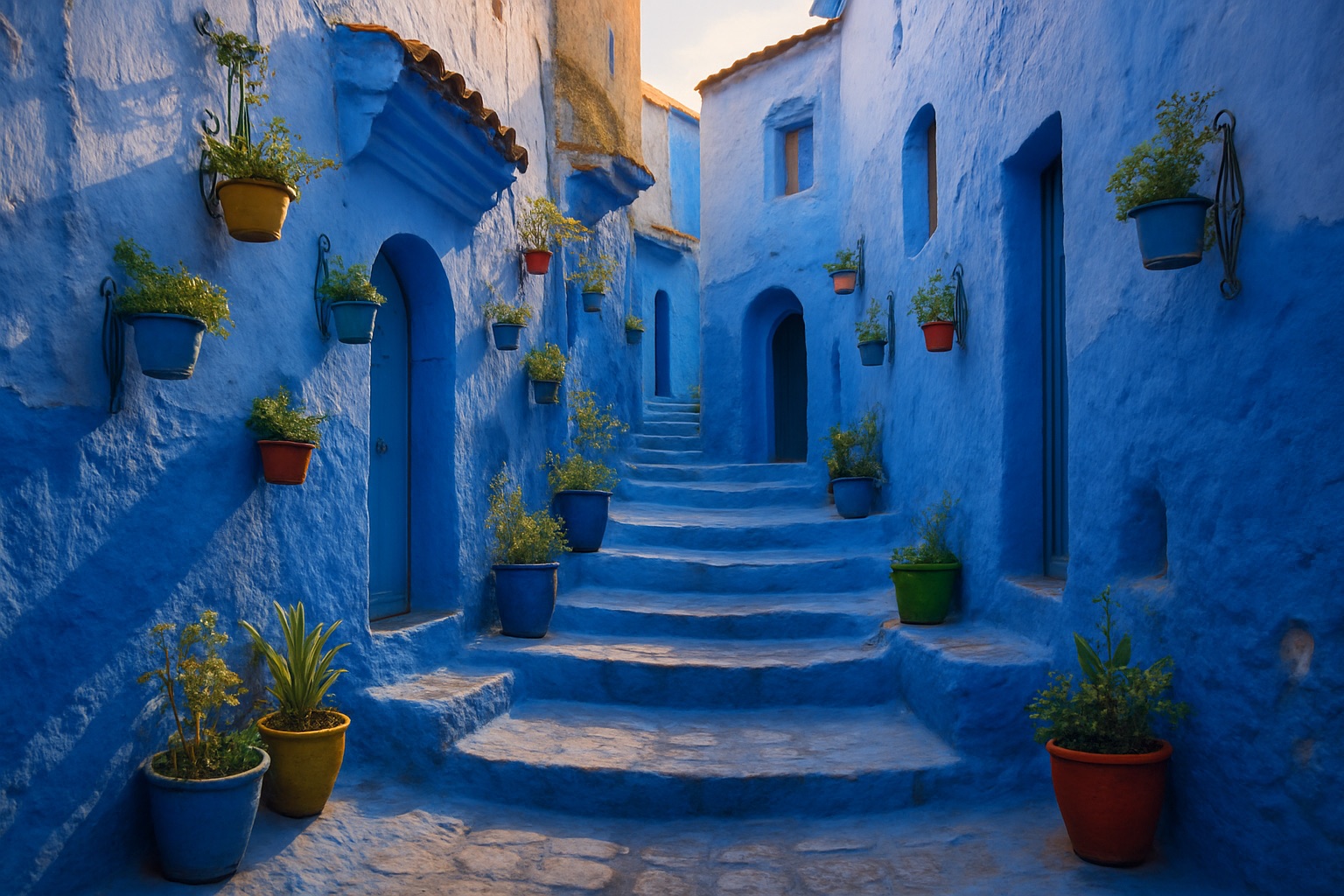 Blau getünchte Gasse in Chefchaouen im Rif-Gebirge