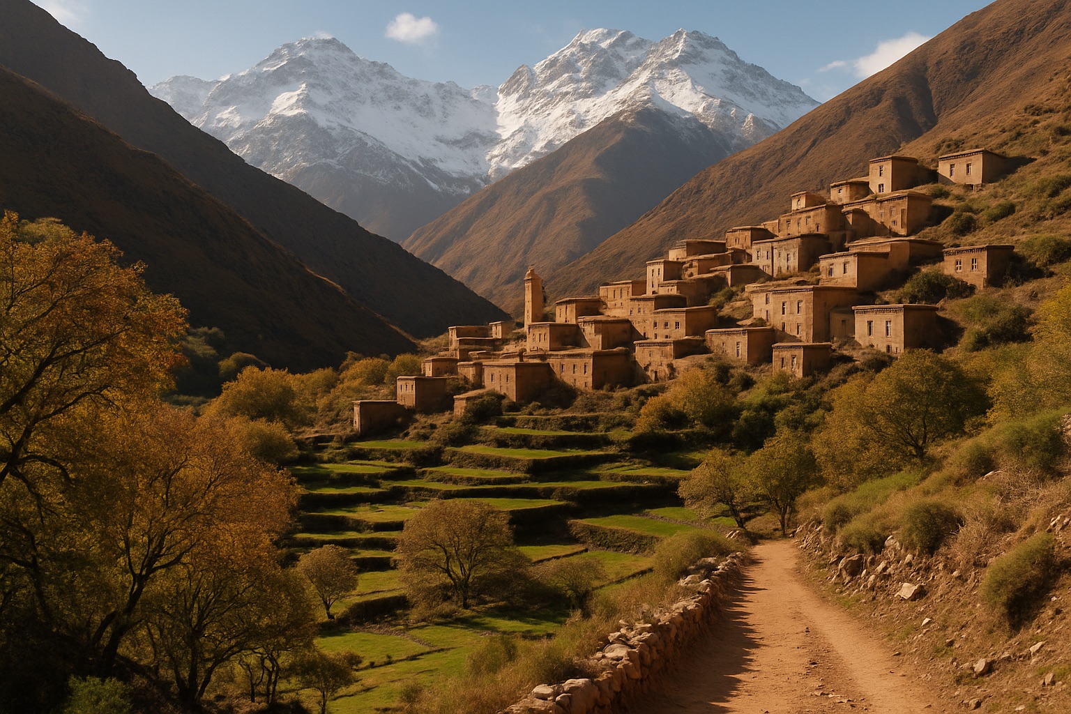 Das Bergdorf Imlil unter den verschneiten Gipfeln am Toubkal