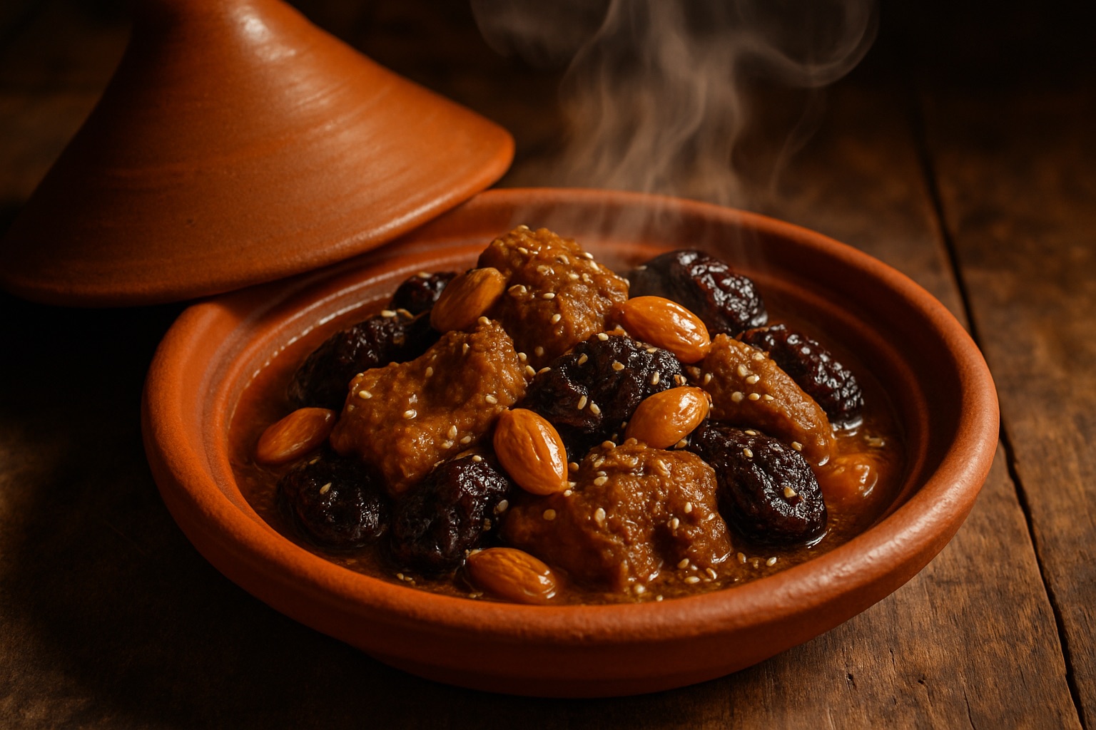 Marokkanische Tajine im Tontopf mit Lamm, Backpflaumen und Mandeln