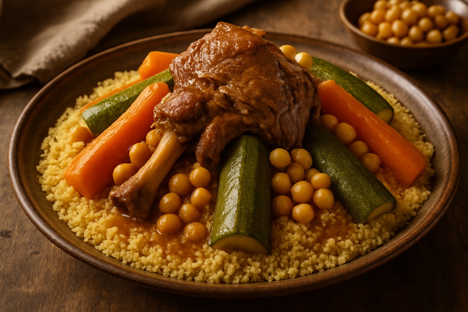 Große Platte marokkanischer Couscous mit Gemüse und Lamm