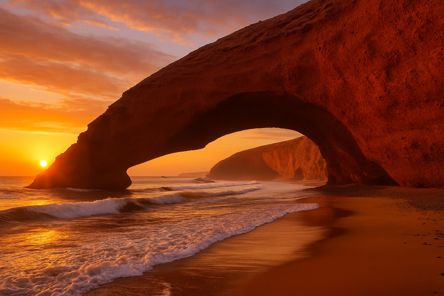 Die roten Sandsteinbögen am Strand von Legzira im Sonnenuntergang