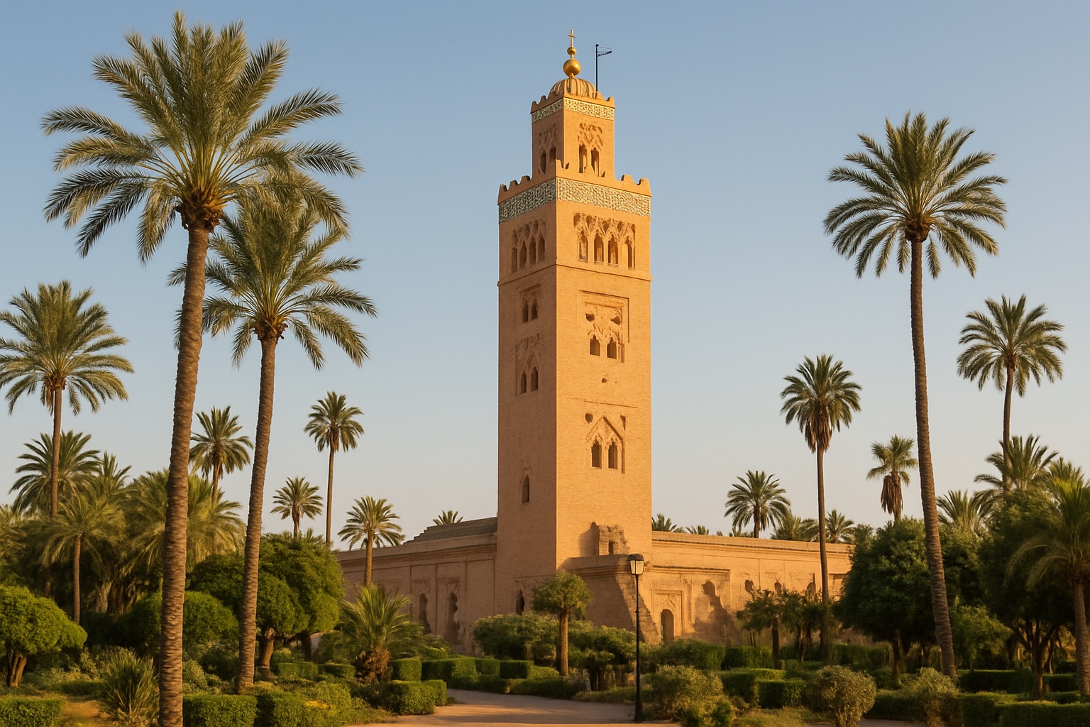 Das Minarett der Koutoubia-Moschee in Marrakesch mit Palmen bei goldenem Licht