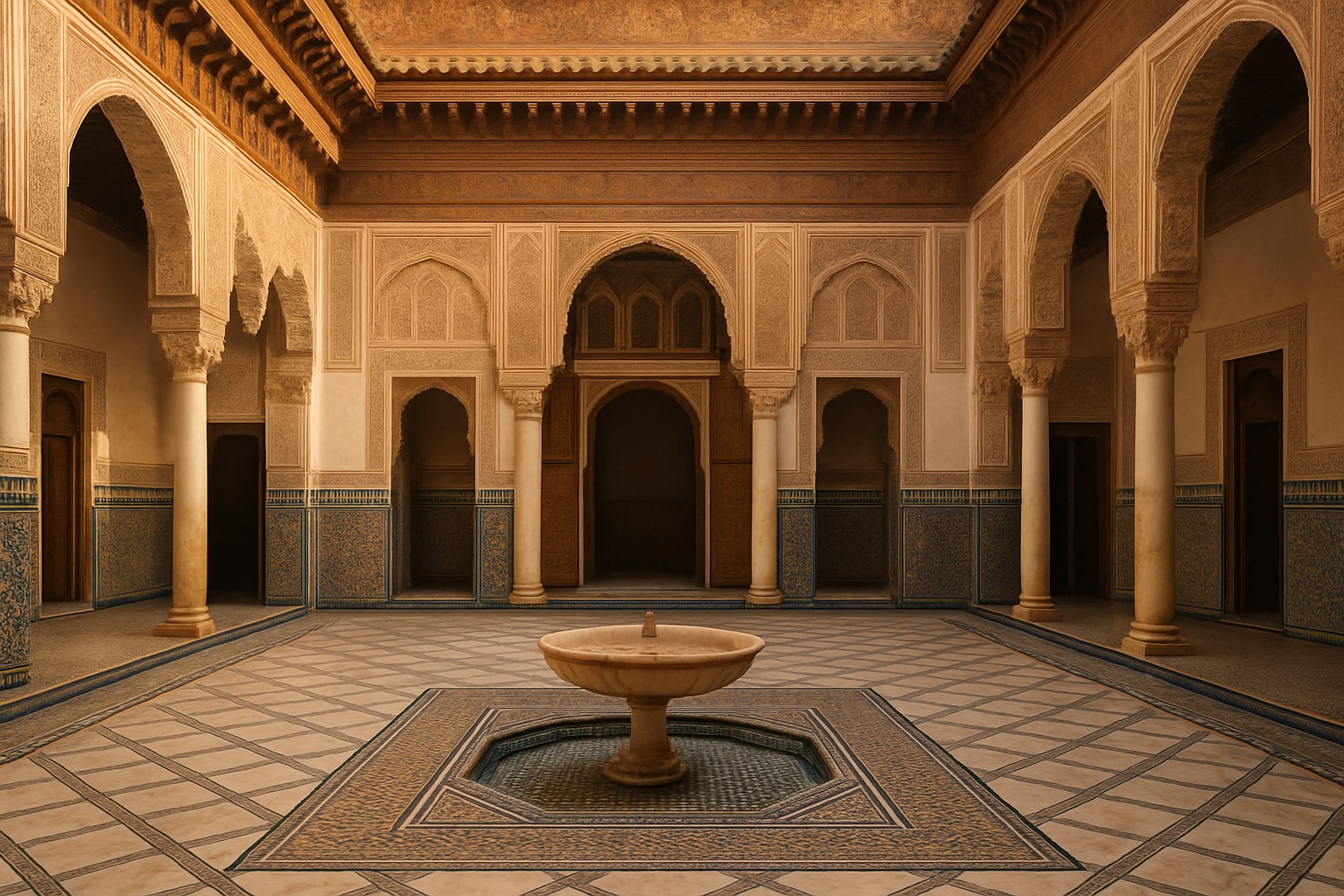 Verzierter Innenhof des Bahia-Palasts in Marrakesch mit Zellige und Zederndecke