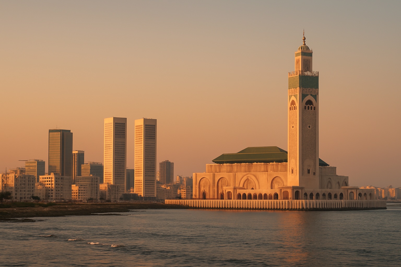 Die moderne Skyline von Casablanca in der Abenddämmerung – Wirtschaft Marokkos