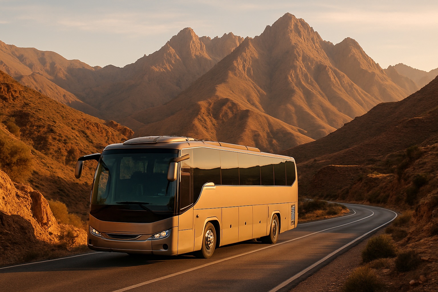 Moderner Reisebus auf einer kurvenreichen Bergstraße im Hohen Atlas – Busreisen
