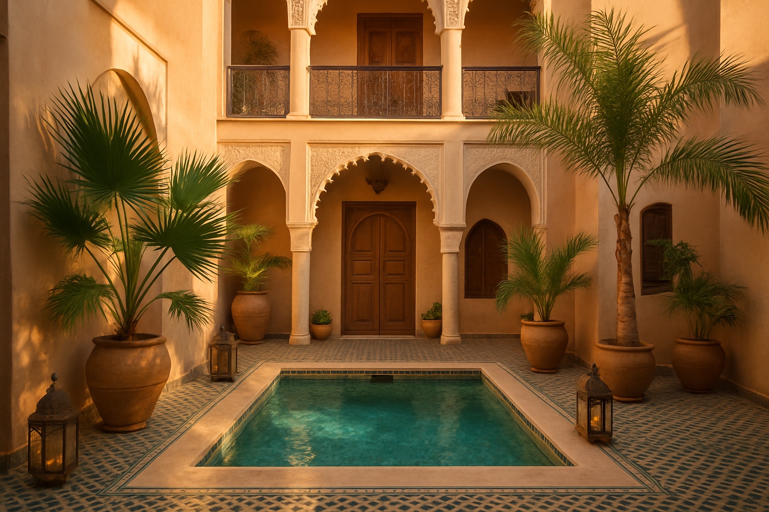 Ruhiger Innenhof eines marokkanischen Riads mit kleinem Pool – Ferienhaus und Ferienwohnung