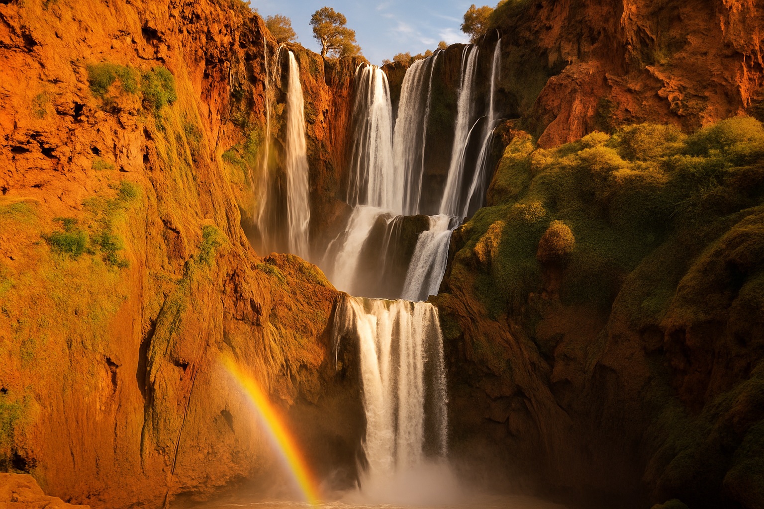 Die Ouzoud-Wasserfälle in der Provinz Azilal mit Regenbogen im Sprühnebel