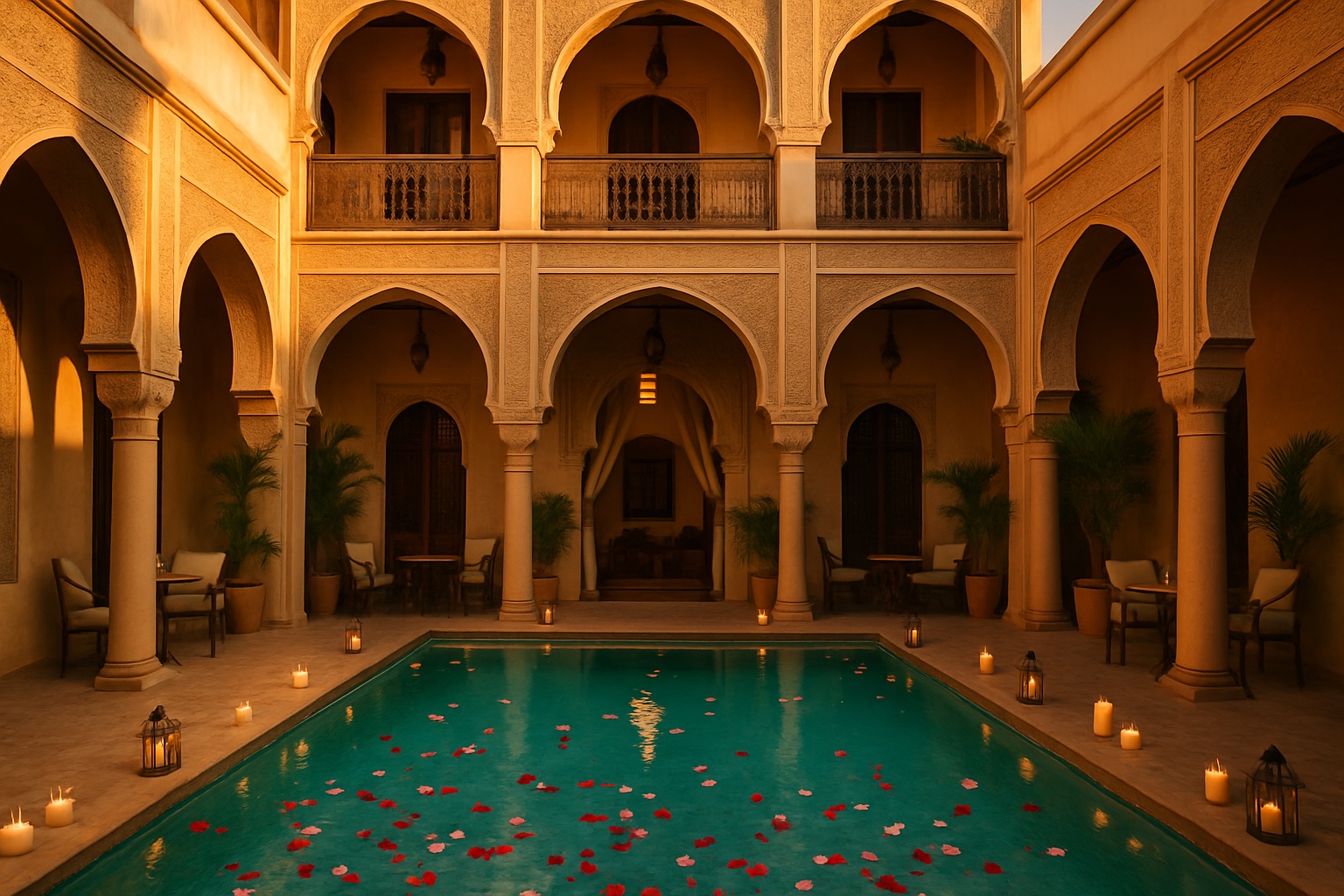 Luxuriöser Riad mit elegantem Pool und Bögen im goldenen Licht – Luxusurlaub