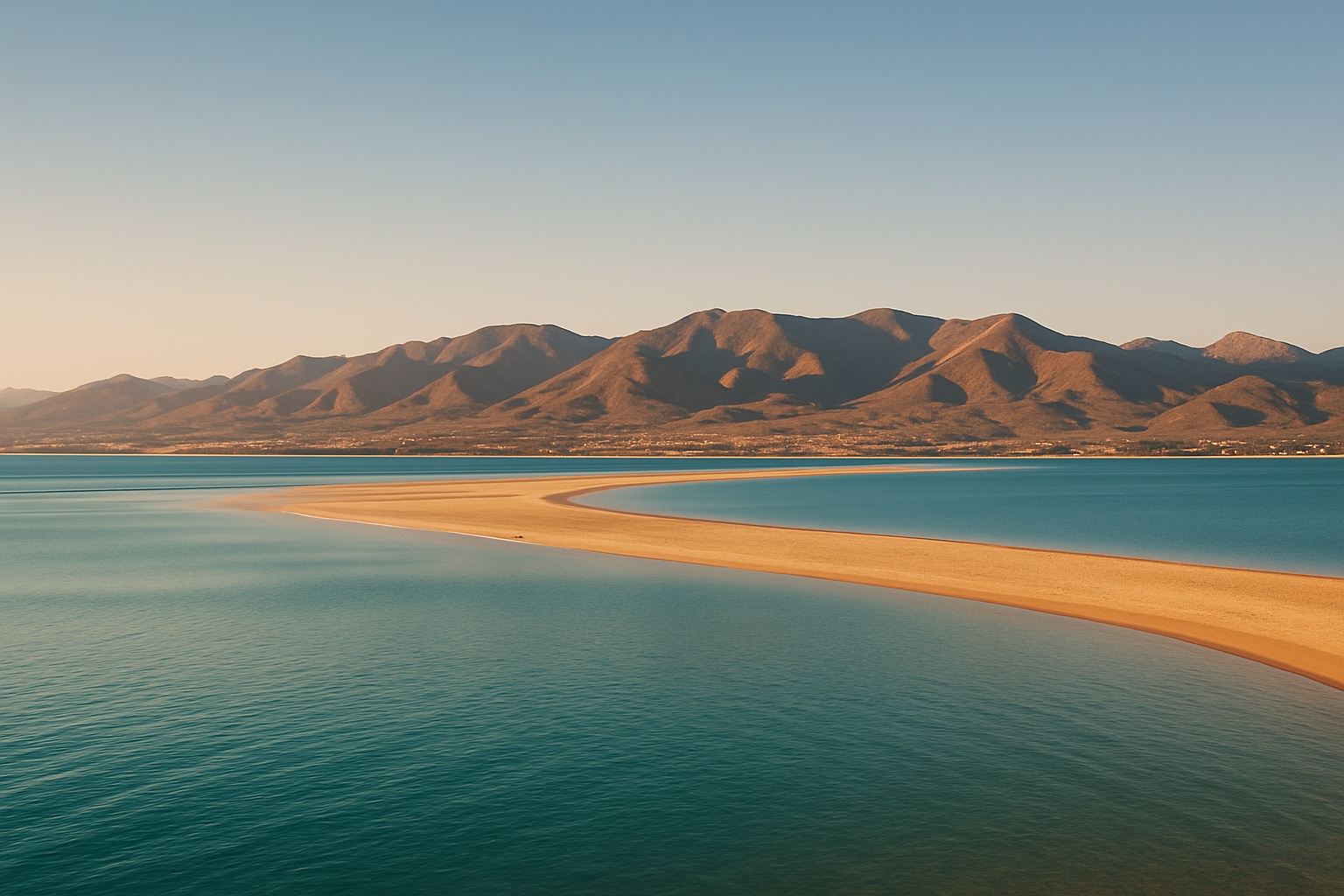 Die Marchica-Lagune bei Nador mit türkisem Wasser und Rif-Gebirge – Nador