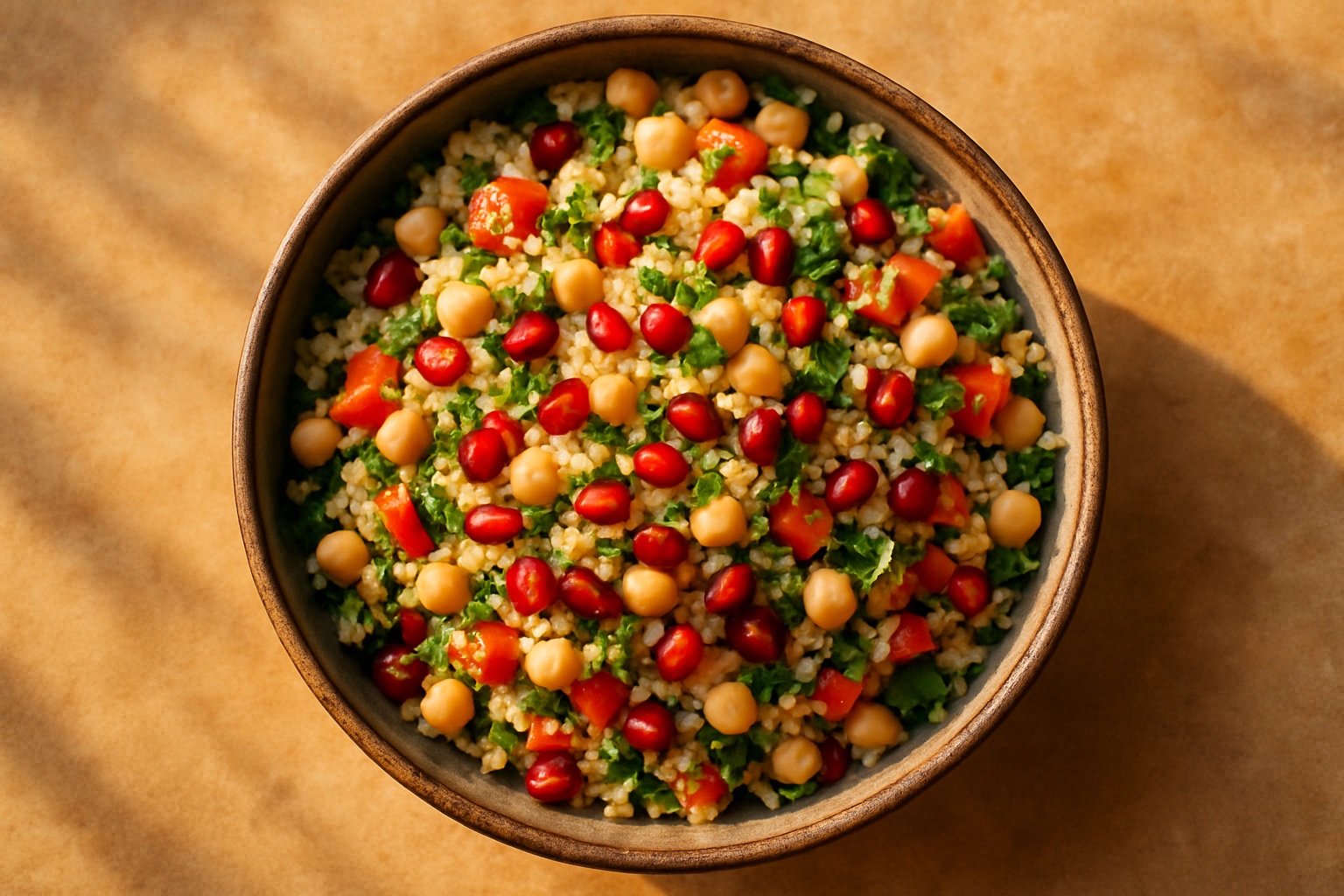 Frischer marokkanischer Couscous-Salat mit Kichererbsen und Granatapfel