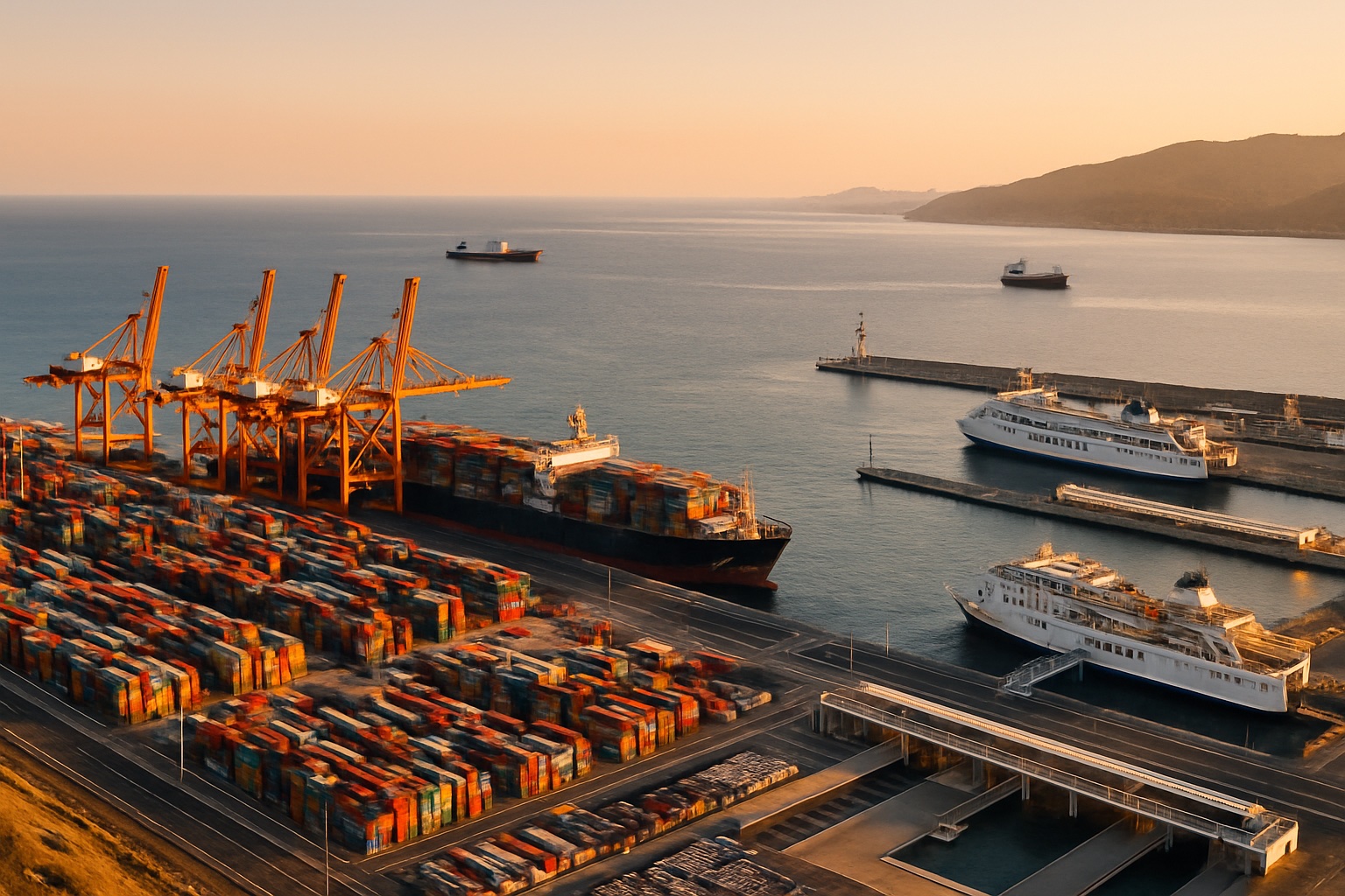 Der Hafen Tanger Med an der Straße von Gibraltar mit Containerkränen und Schiffen