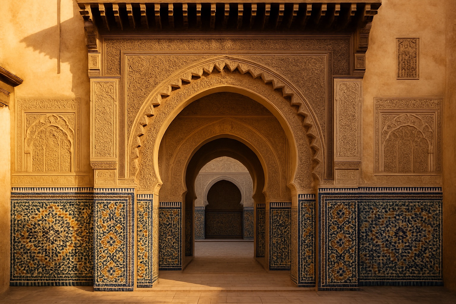 Kunstvolles Zellige-Mosaik und geschnitztes Stadttor einer marokkanischen Medina – Architektur
