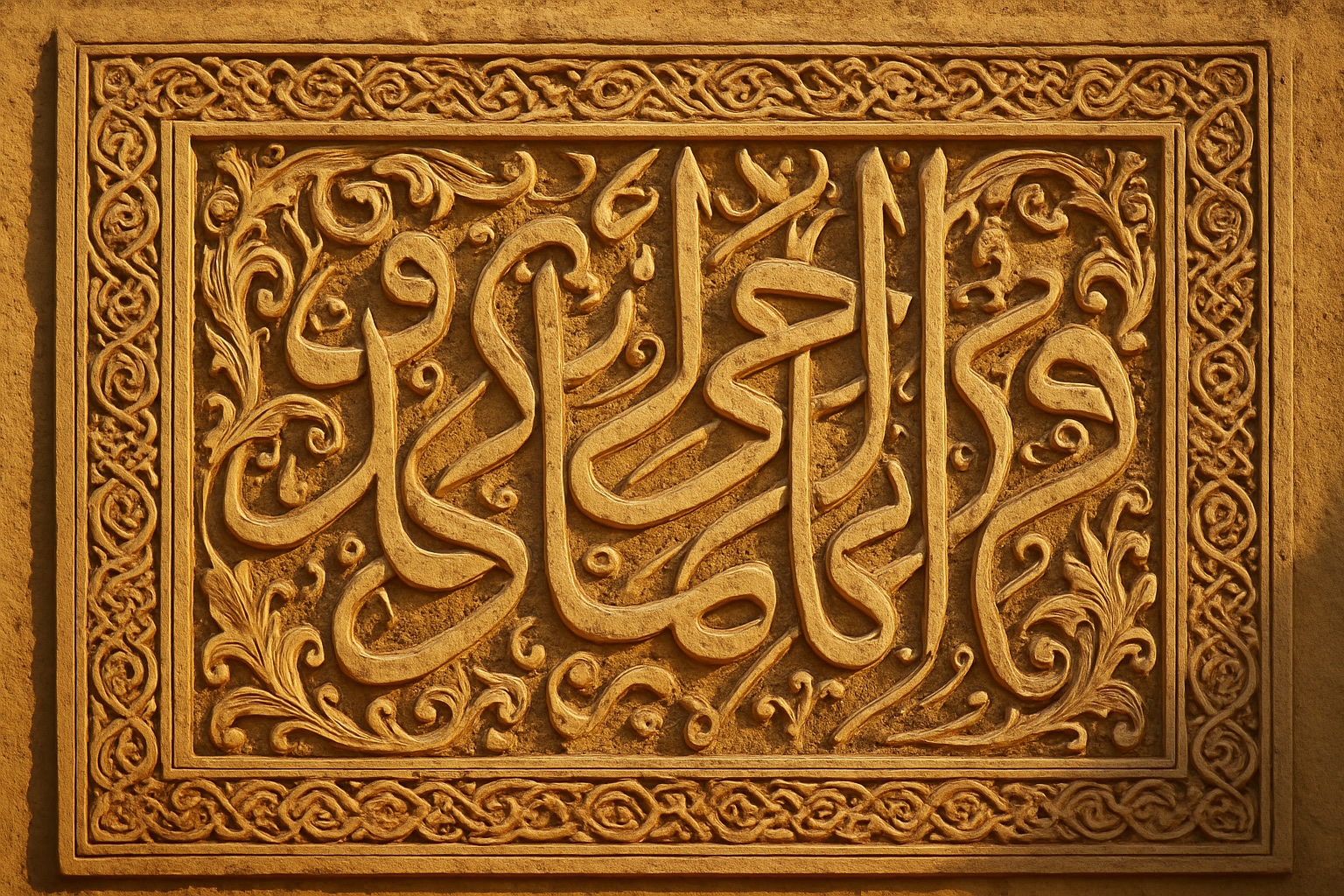 Geschnitzte arabische und Tifinagh-Kalligrafie an einer Sandsteinwand – Schrift