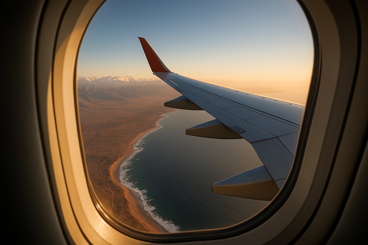Blick aus dem Flugzeugfenster auf die marokkanische Küste und das Atlasgebirge