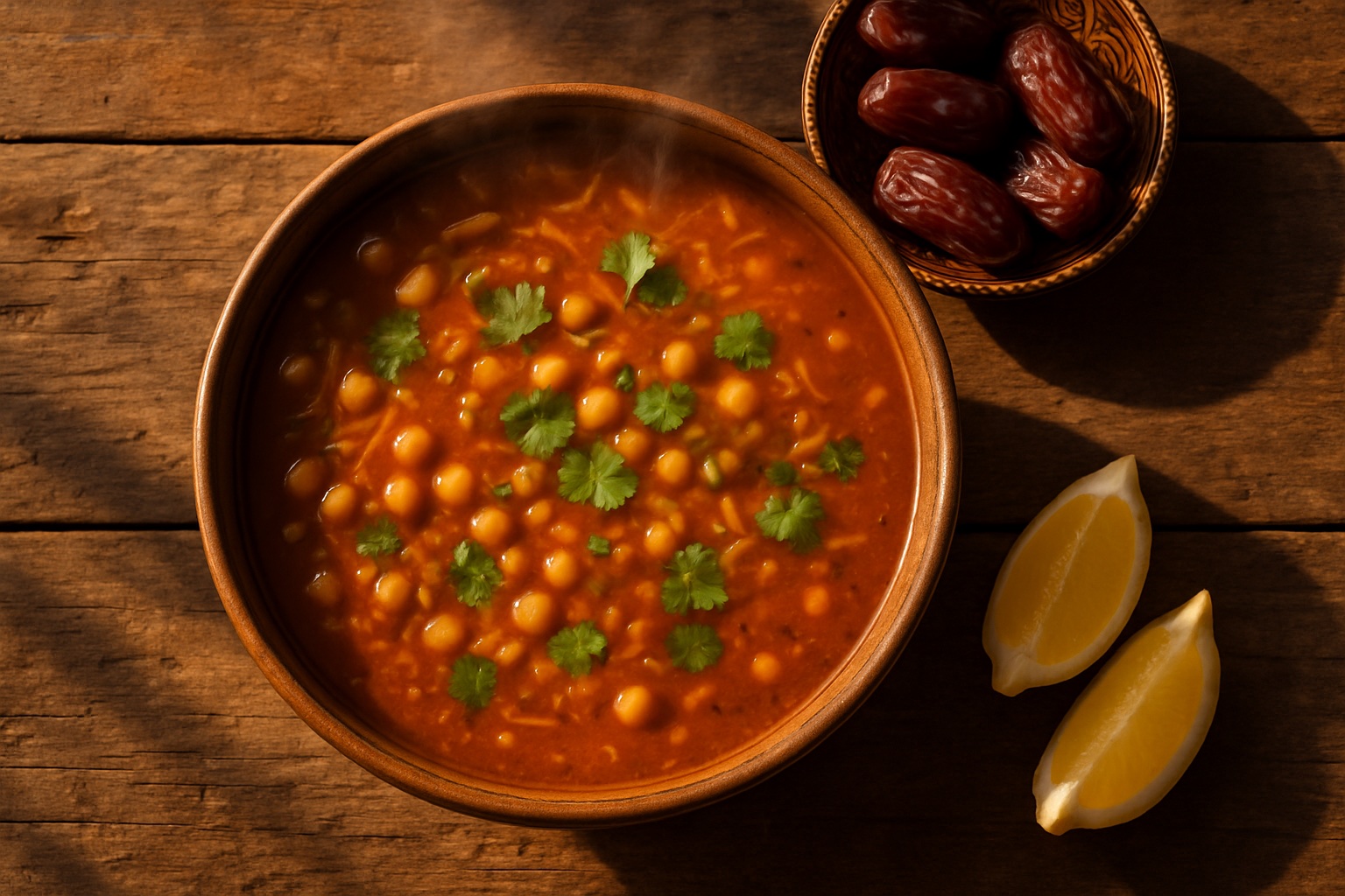 Schüssel traditionelle marokkanische Harira-Suppe mit Datteln und Zitrone