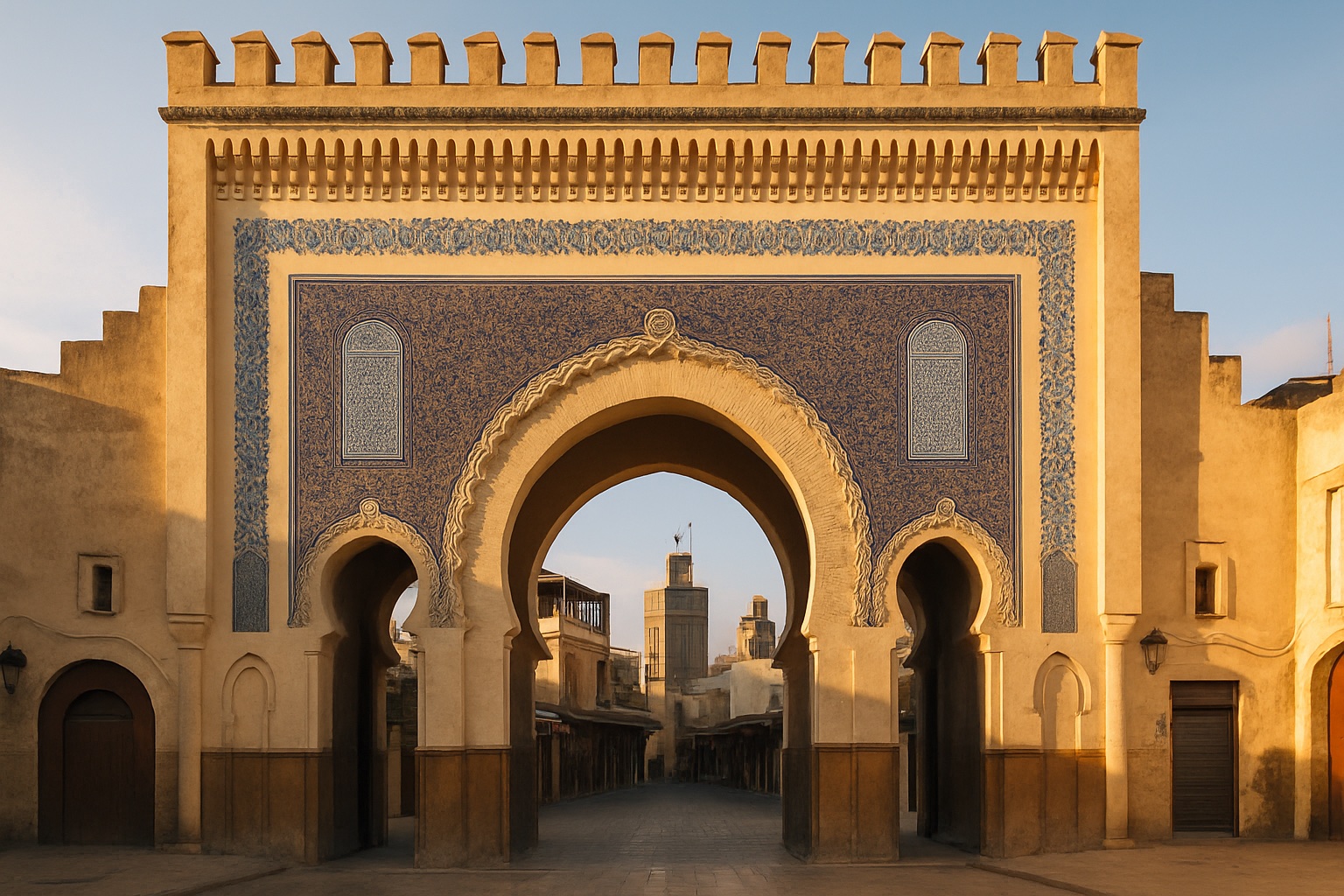 Das reich verzierte, blau geflieste Stadttor Bab Bou Jeloud in Fès, Marokko